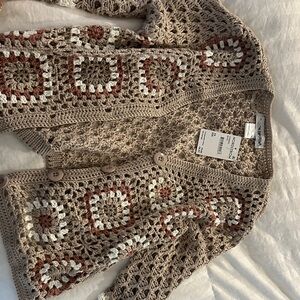 Cotton Emporium Crochet Cardigan in Tan and Cream